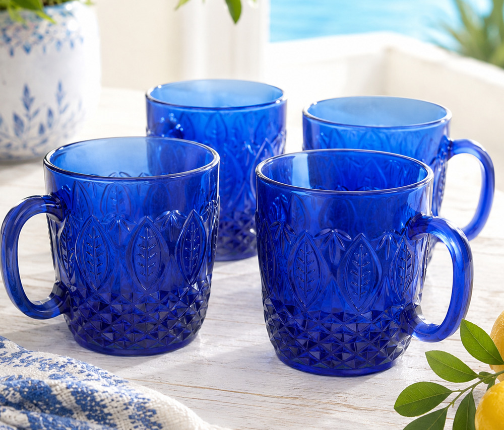 Vintage Avon Royal Sapphire Cobalt Blue Glass Mugs 4pc Arcoroc France Leaf
